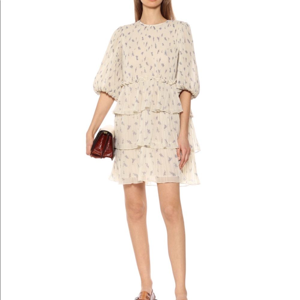 Ganni Tent Mini Dress In Pleated Georgette - Egret